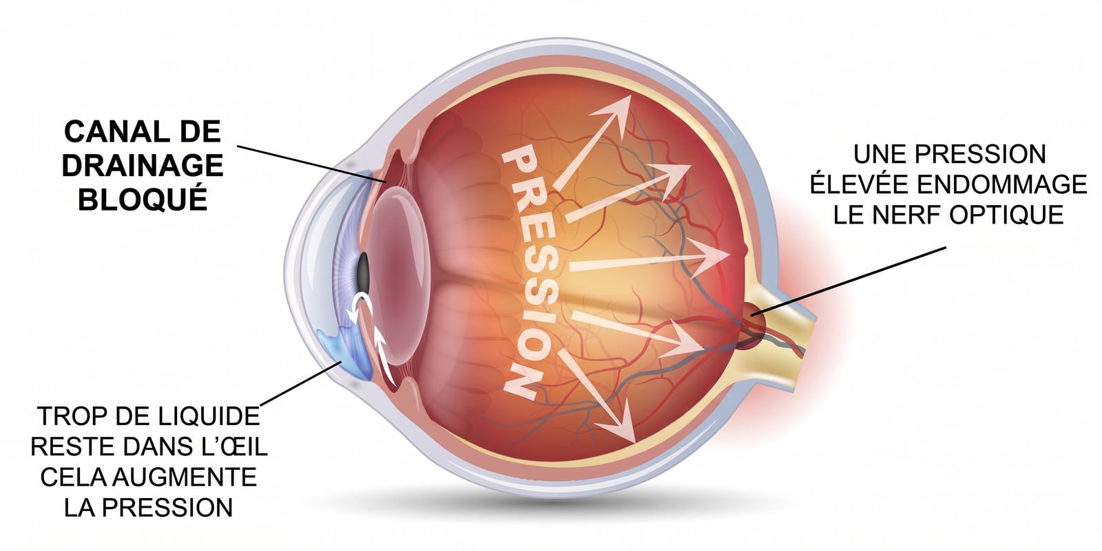 Illustration du glaucome : canal de drainage bloqué entraînant une élévation de la pression intra-oculaire qui endommage le nerf optique.