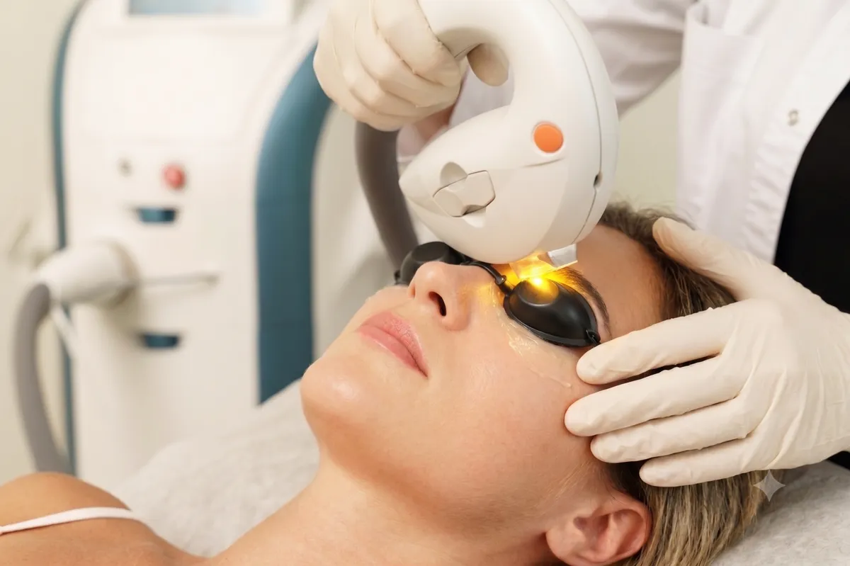 Flash de lumière pulsée IPL appliqué autour de l'orbite avec la pièce à main, l'œil de la patiente protégé par une coque opaque