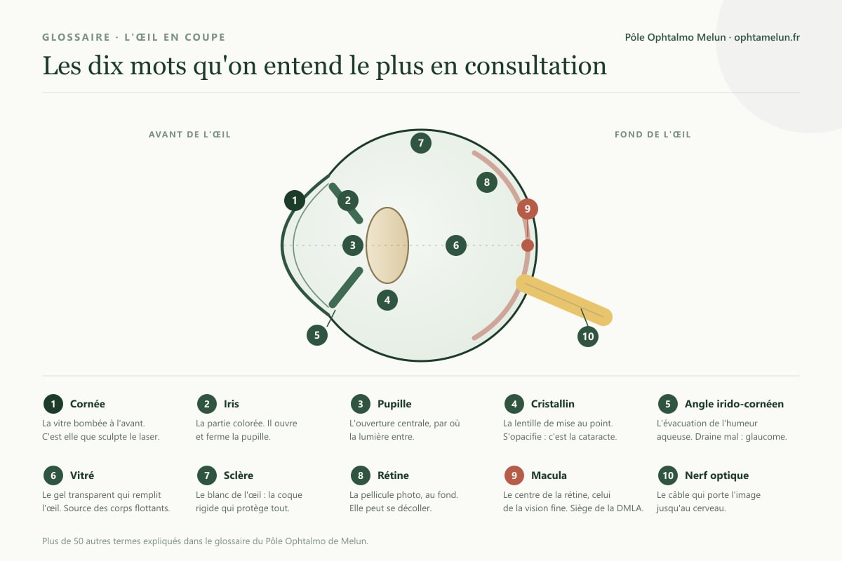 Coupe de l'œil avec dix structures numérotées : cornée, iris, pupille, cristallin, angle irido-cornéen, vitré, sclère, rétine, macula et nerf optique, avec leur définition