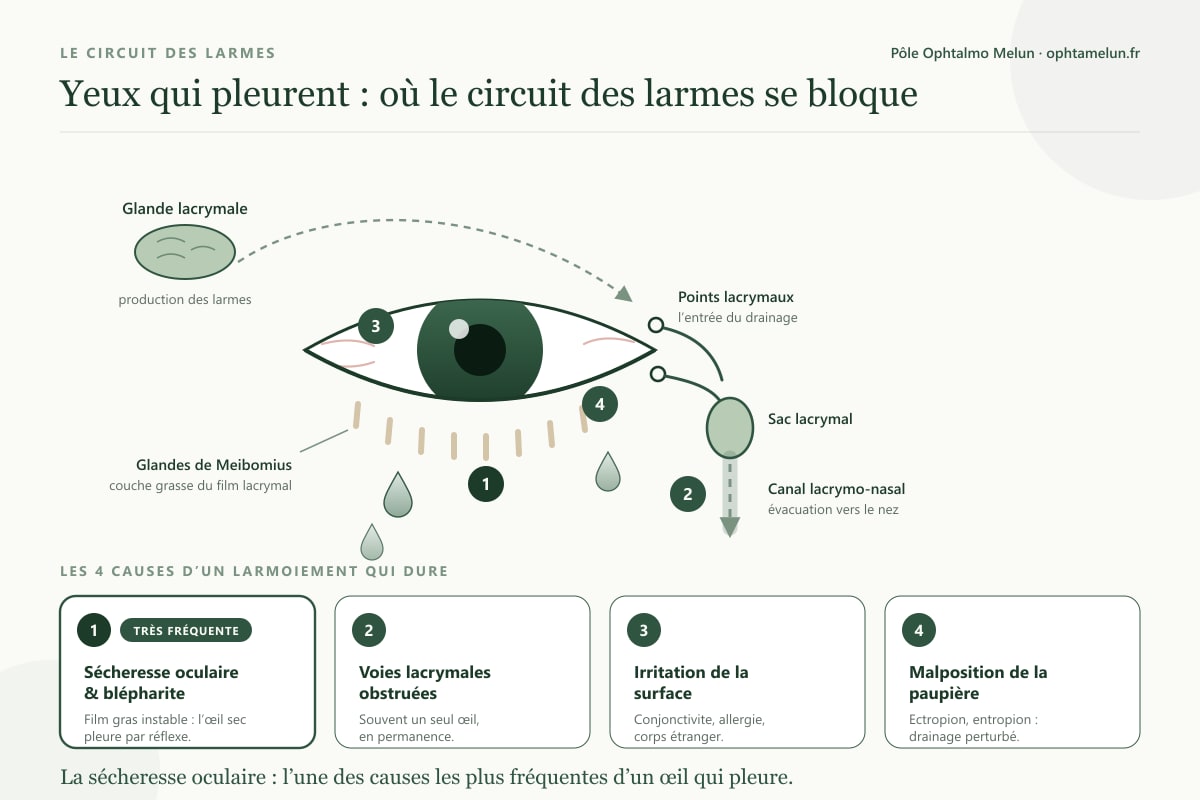 Schéma du circuit des larmes et des 4 causes de larmoiement chronique : glande lacrymale, glandes de Meibomius, points lacrymaux, sac lacrymal et canal lacrymo-nasal