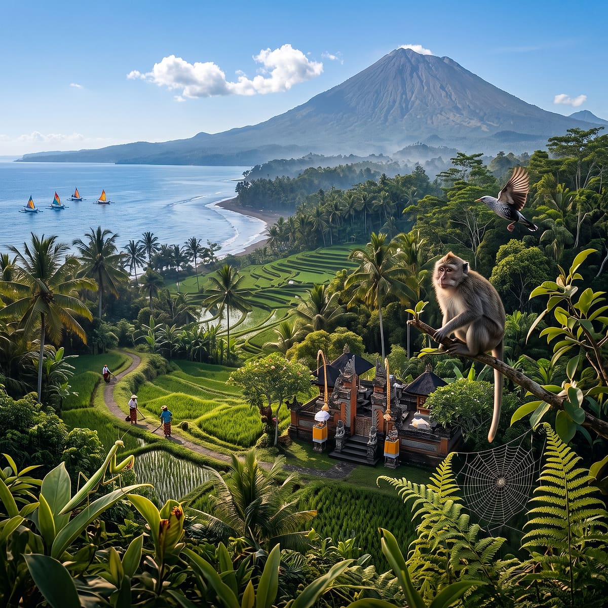 Paysage tropical en plein jour : un volcan sous un ciel bleu, une plage bordée de cocotiers, trois pirogues à voile, des rizières en terrasses où travaillent trois paysans, un temple, un singe sur une branche, une mante religieuse et une toile d'araignée au premier plan.